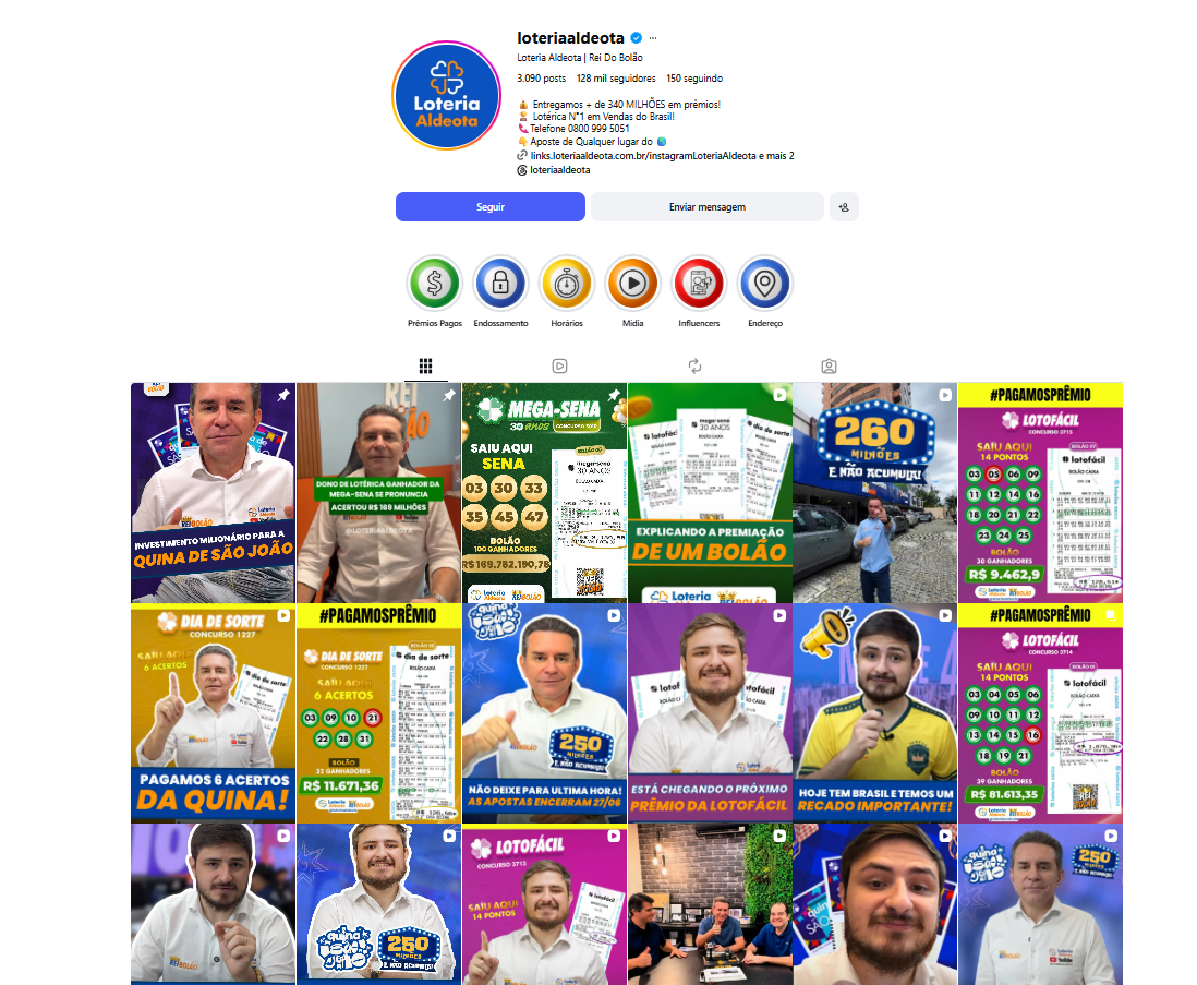 Captura do perfil de Instagram da Loteria Aldeota Rei do Bolão com grid, destaques e bio.