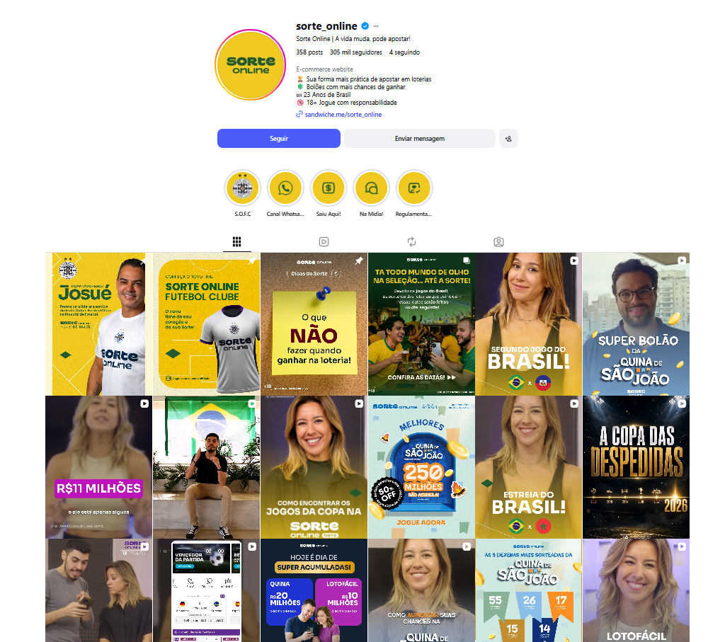 Captura do perfil de Instagram da Sorte Online com grid, destaques e bio.