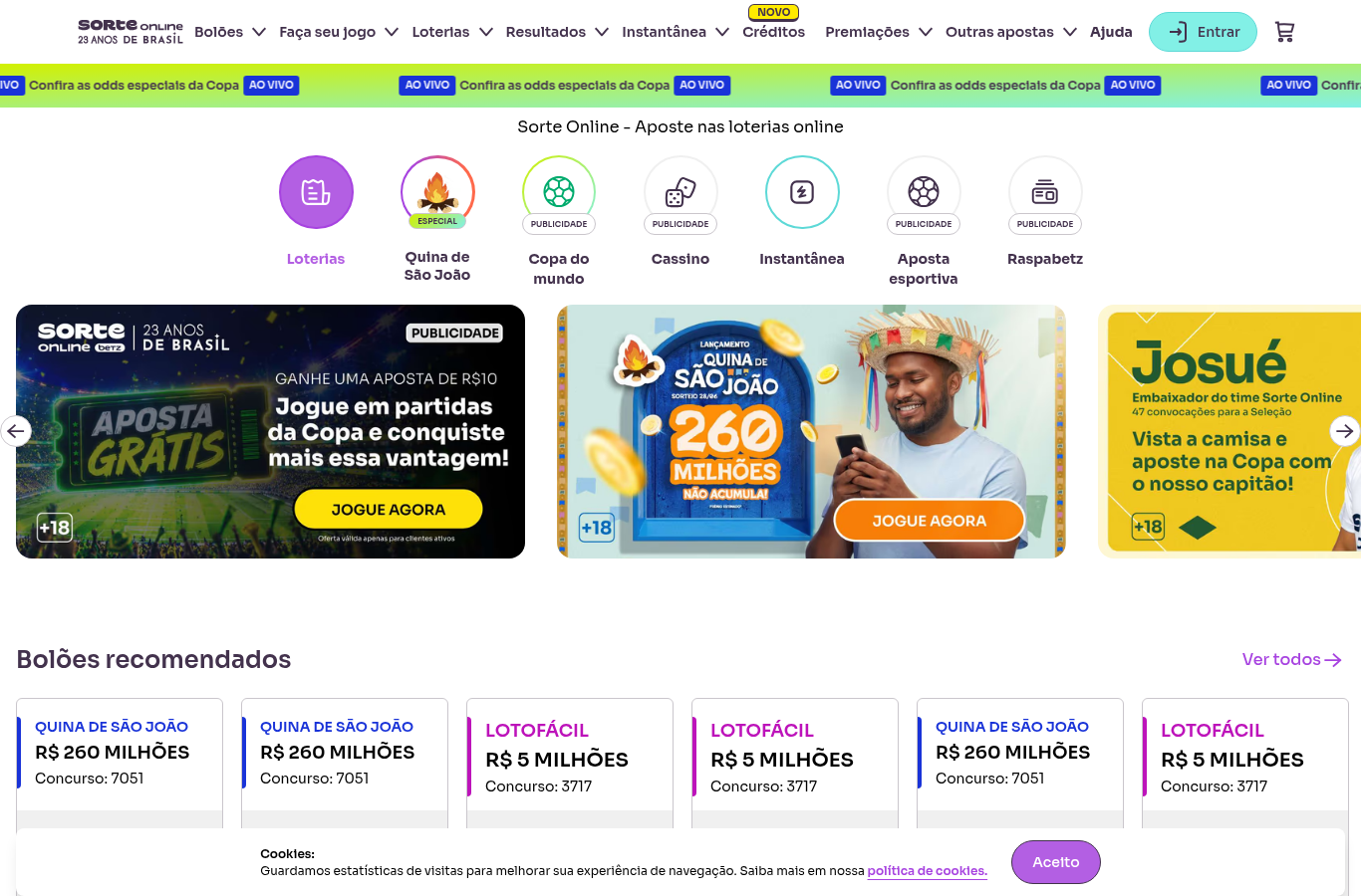 Página da Sorte Online com bolões, loterias e chamadas de jogo responsável.