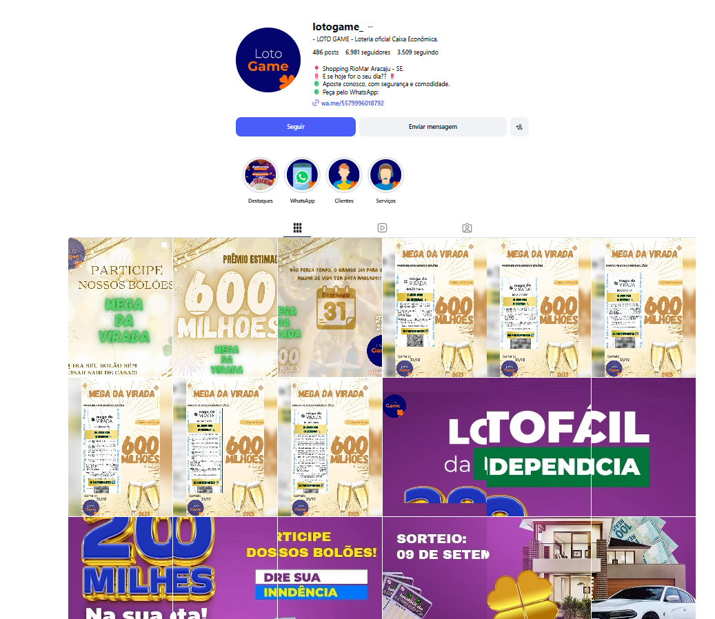 Perfil oficial da Loto Game no Instagram, com bio, destaques e grade de posts.
